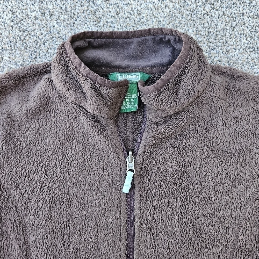 LL Bean Sherpa Fleece Brown Full Zip Jacket Sweatshirt Vintage Youth L 14-16